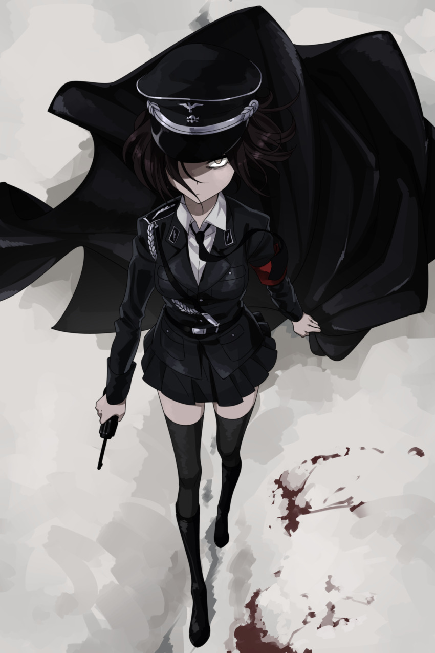 1girl, absurdres, aiguillette, armband, black_boots, black_cape, black_jacket, black_necktie, black_thighhighs, blood, blood_on_snow, boots, breasts, brown_hair, cape, collar_tabs, collared_shirt, floating_hair, floating_neckwear, from_above, frown, german_army, germany, grey_aiguillette, gun, handgun, hat, hat_ornament, highres, holding, holding_gun, holding_unworn_cape, holding_unworn_clothes, holding_weapon, insignia, jacket, kill-chan, looking_at_viewer, luger_p08, medium_breasts, medium_hair, military_dress_uniform, military_jacket, military_uniform, nazi, nazi_armband, necktie, one_eye_covered, orange_eyes, original, peaked_cap, red_armband, reichsadler, saki_(c_ybrbnby), shaded_face, shirt, skirt, skull_and_crossbones, skull_hat_ornament, snow, ss_insignia, waffen-ss, strap, thighhighs, totenkopf, undershirt, unworn_cape, walking, weapon, white_shirt, world_war_ii, zettai_ryouiki