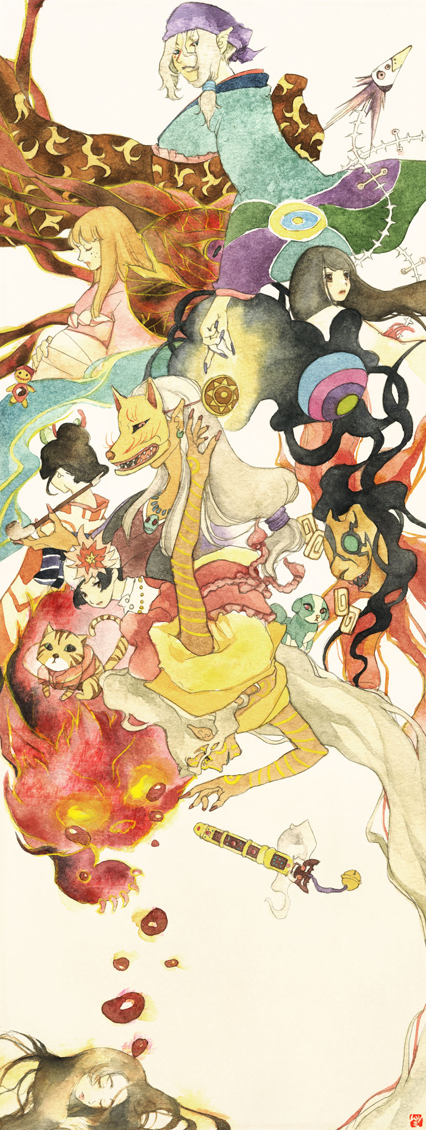 3boys, 5girls, bandana, black_hair, blonde_hair, blue_eyes, brown_hair, cat, dual_persona, everyone, facepaint, fox_mask, highres, ichikawa_setsuko, japanese_clothes, kayo, kimono, kusuriuri_(shingi)_(mononoke), kusuriuri_(mononoke), long_hair, looking_at_viewer, mask, mononoke, multiple_boys, multiple_girls, muttiy, noppera-bou_(mononoke), obi, ochou, oyou, painting_(medium), pointy_ears, pregnant, sash, sheath, sheathed, shino_(mononoke), short_hair, sun_symbol, tan, traditional_media, very_long_hair, watercolor_(medium), white_background, white_hair, traditional_youkai