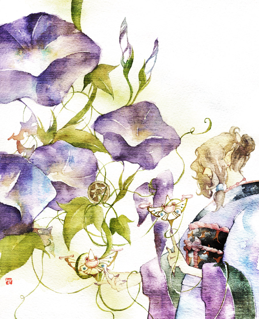 1boy, bandana, blonde_hair, flower, japanese_clothes, kimono, kusuriuri_(mononoke), male_focus