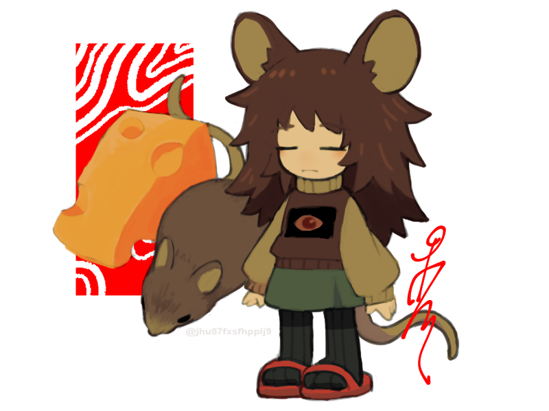1girl, animal, animal_ears, black_pantyhose, brown_hair, brown_sweater, cheese, chibi, chibi_only, closed_eyes, closed_mouth, collective_unconscious, commentary, expressionless, eye_print, flip-flops, food, light_blush, long_hair, long_sleeves, messy_hair, minnatsuki, mouse_(animal), mouse_ears, mouse_girl, mouse_tail, pantyhose, pigeon-toed, print_sweater, puffy_long_sleeves, puffy_sleeves, red_shoes, regurusu_(nagarevosi), ribbed_pantyhose, sandals, shoes, skirt, solo, standing, sweater, tail, twitter_username, watermark