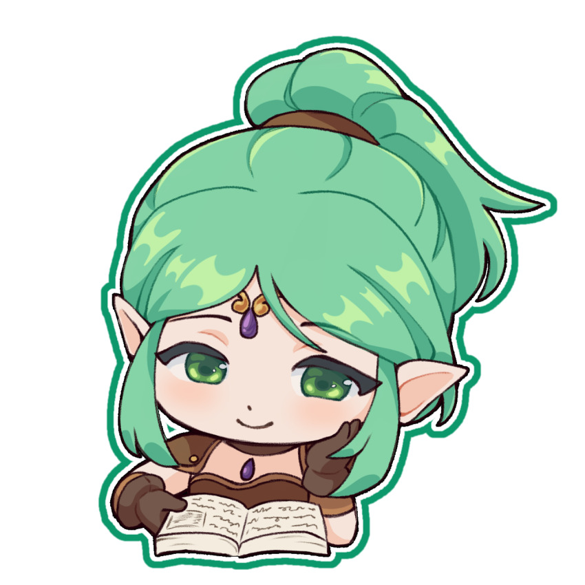 1girl, book, brown_gloves, chibi, circlet, elf, gloves, green_eyes