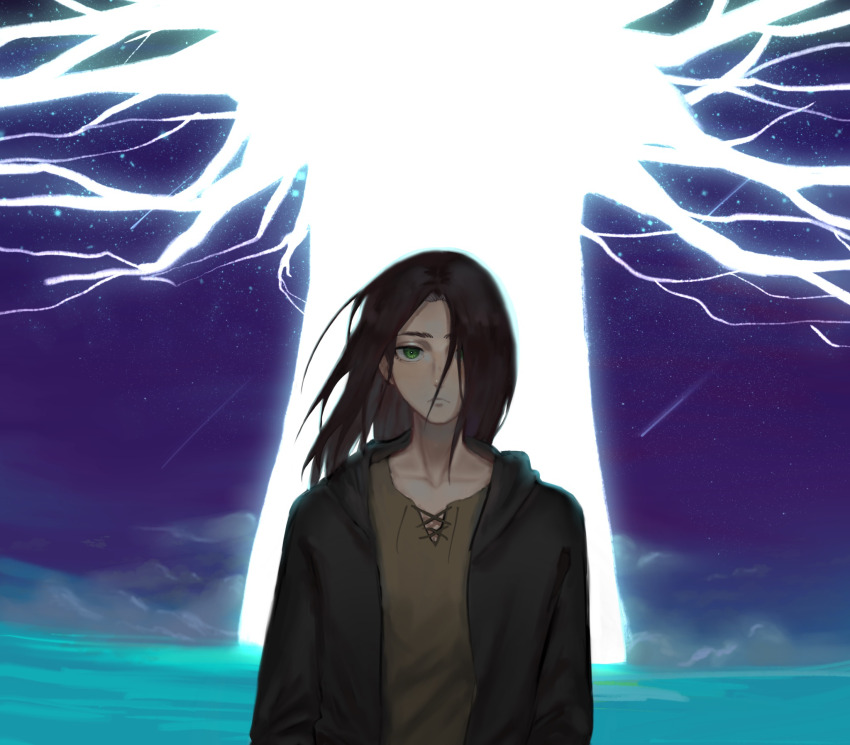 1boy, biaoqingfuhao, black_jacket, brown_hair, brown_shirt, chinese_commentary, cloud, collarbone, commentary_request, cross-laced_clothes, eren_yeager, floating_hair, green_eyes, hair_over_one_eye, highres, hood, hooded_jacket, jacket, long_hair, long_sleeves, looking_at_viewer, male_focus, ocean, one_eye_covered, open_clothes, open_jacket, parted_bangs, shingeki_no_kyojin, shirt, shooting_star, sky, solo, star_(sky), starry_sky, straight-on, upper_body, water