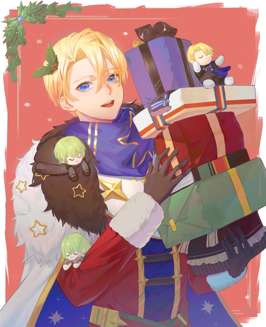 1boy, absurdres, arms_up, biaoqingfuhao, black_fur, black_gloves, black_ribbon, blonde_hair