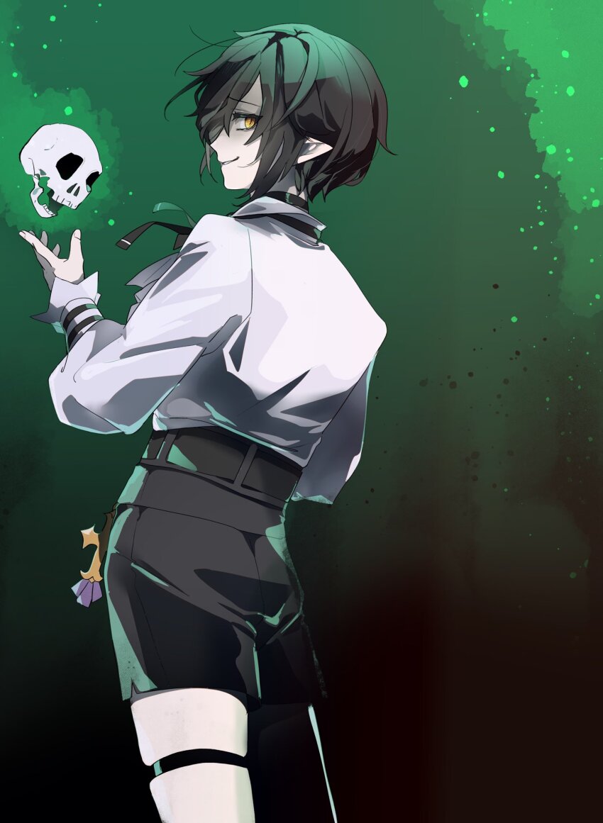 1boy, black_bow, black_bowtie, black_hair, black_shorts, bow, bowtie, collared_shirt, commentary_request, cowboy_shot, datenshi_no_fu, despair_god_morroc, from_behind, green_background, grin, hair_over_one_eye, highres, long_sleeves, looking_at_viewer, looking_back, male_focus, pointy_ears, ragnarok_masters, ragnarok_online, shirt, short_hair, shorts, skull, smile, solo, thigh_strap, white_shirt, yellow_eyes