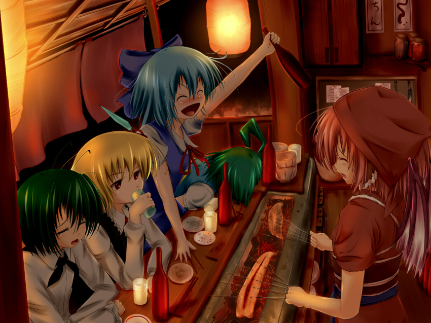 5girls, alcohol, animal_ears, antennae, beer, blonde_hair, blue_hair, blush, bottle, bow, brown_theme, cirno, closed_eyes, daiyousei, dress, drinking, drunk, food, food_stand, green_hair, grill, hair_bow, hair_ribbon, meat, multiple_girls, mystia_lorelei, okamisty, open_mouth, pink_hair, red_eyes, ribbon, rumia, short_hair, side_ponytail, takashi_(harukasaigusa), team_9_(touhou), touhou, wings, wriggle_nightbug