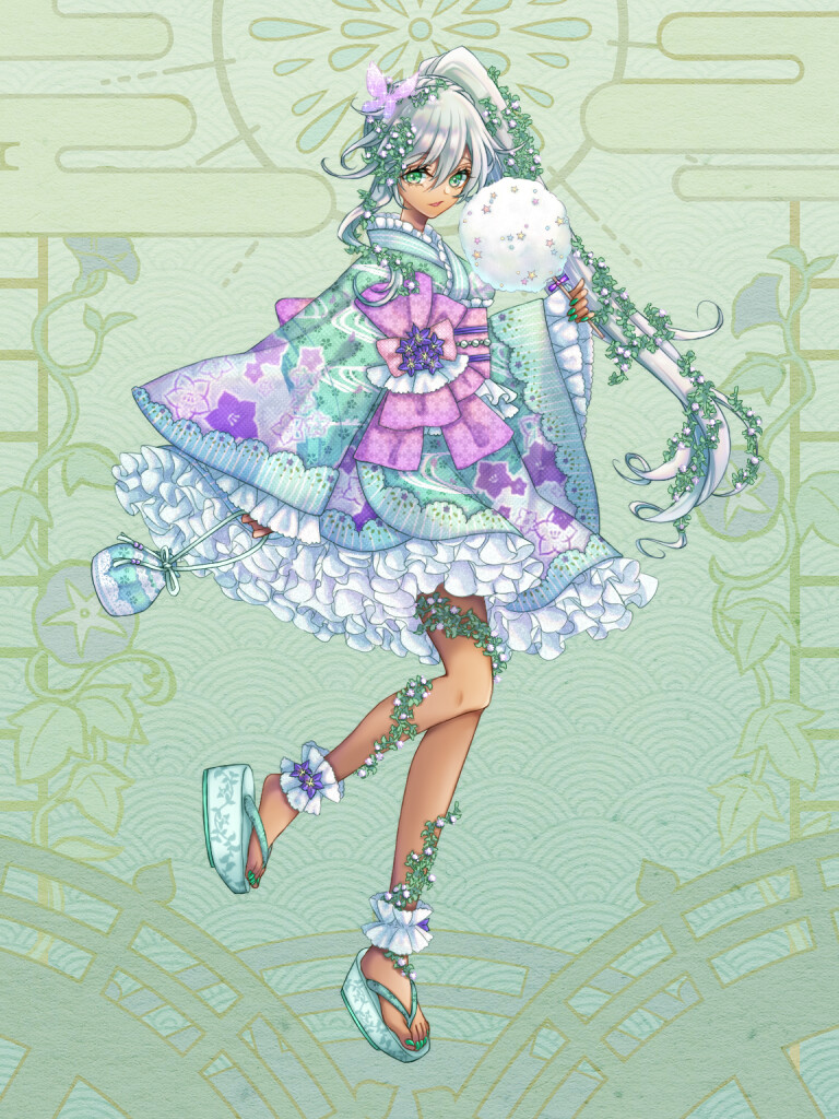 1girl, bug, butterfly, dairoku_ryouhei, dress, floral_print, frills, green_background, green_eyes, green_nails, hair_vines, insect, japanese_clothes, kimono, kinchaku, long_hair, pnyama, pouch, purple_butterfly, sandals, smile, solo, standing, standing_on_one_leg, tan, very_long_hair