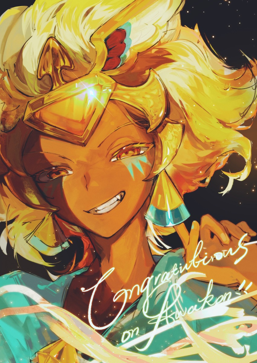 1girl, blonde_hair, cookie_run, cookie_run:_kingdom, dark-skinned_female, dark_skin, earrings, golden_cheese_cookie, golden_cheese_cookie_(immortal), grin, highres, ikeasame, jewelry, looking_at_viewer, short_hair, smile, solo, yellow_eyes