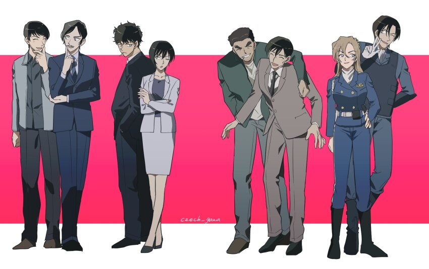 2girls, 6+boys, ^_^, ascot, black_hair, blonde_hair, boots, brother_and_sister