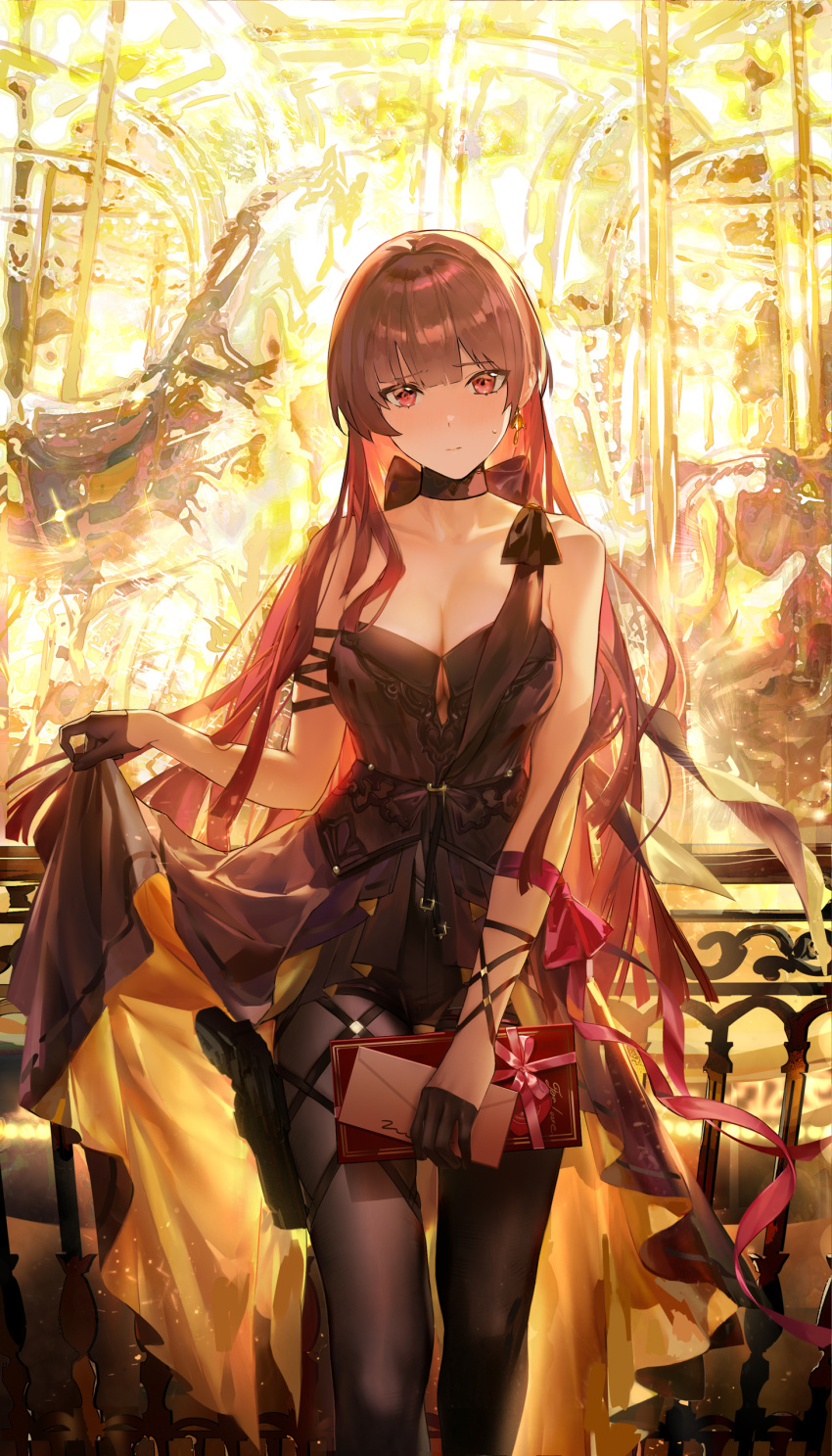 1girl, absurdres, black_dress, black_gloves, black_pantyhose, box, breasts, cleavage, closed_mouth, cowboy_shot, dress, gift, gift_box, girls'_frontline, girls'_frontline_2:_exilium, gloves, gun, half_gloves, handgun, highres, holding, holding_box, holding_gift, holding_letter, holding_own_dress, holster, jingmi, letter, logo, long_hair, looking_at_viewer, makiatto_(girls'_frontline_2), official_alternate_costume, official_art, pantyhose, pink_ribbon, purple_hair, red_eyes, ribbon, solo, straight-on, thigh_holster, wa2000_(ballroom_interlude)_(girls'_frontline), wa2000_(girls'_frontline), weapon