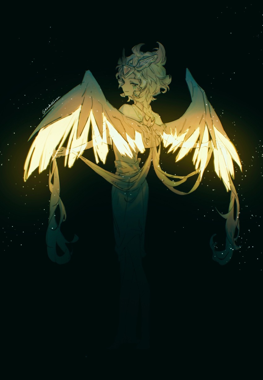 1girl, absurdres, cookie_run, cookie_run:_kingdom, feathered_wings, glowing, glowing_wings, golden_cheese_cookie, highres, ikeasame, looking_at_viewer, looking_back, short_hair, solo, wings