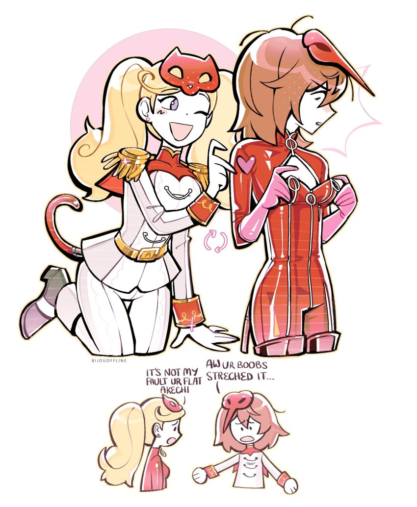 1boy, 1girl, akechi_gorou, akechi_gorou_(cosplay), bijouoffline, black_shoes, blonde_hair, blue_eyes, bodysuit, brown_hair, cat_mask, commentary, cosplay, costume_switch, crossdressing, crossdressing_(ftm), crossdressing_(mtf), crow_(persona_5), earrings, english_commentary, english_text, epaulettes, gloves, heart, highres, jacket, jewelry, long_hair, long_sleeves, looking_at_another, mask, mask_on_head, one_eye_closed, open_mouth, panther_(persona_5), pants, persona, persona_5, pink_gloves, red_bodysuit, shoes, short_hair, simple_background, smile, standing, standing_on_one_leg, tail, takamaki_anne, takamaki_anne_(cosplay), twintails, white_gloves, white_jacket, white_pants, zipper