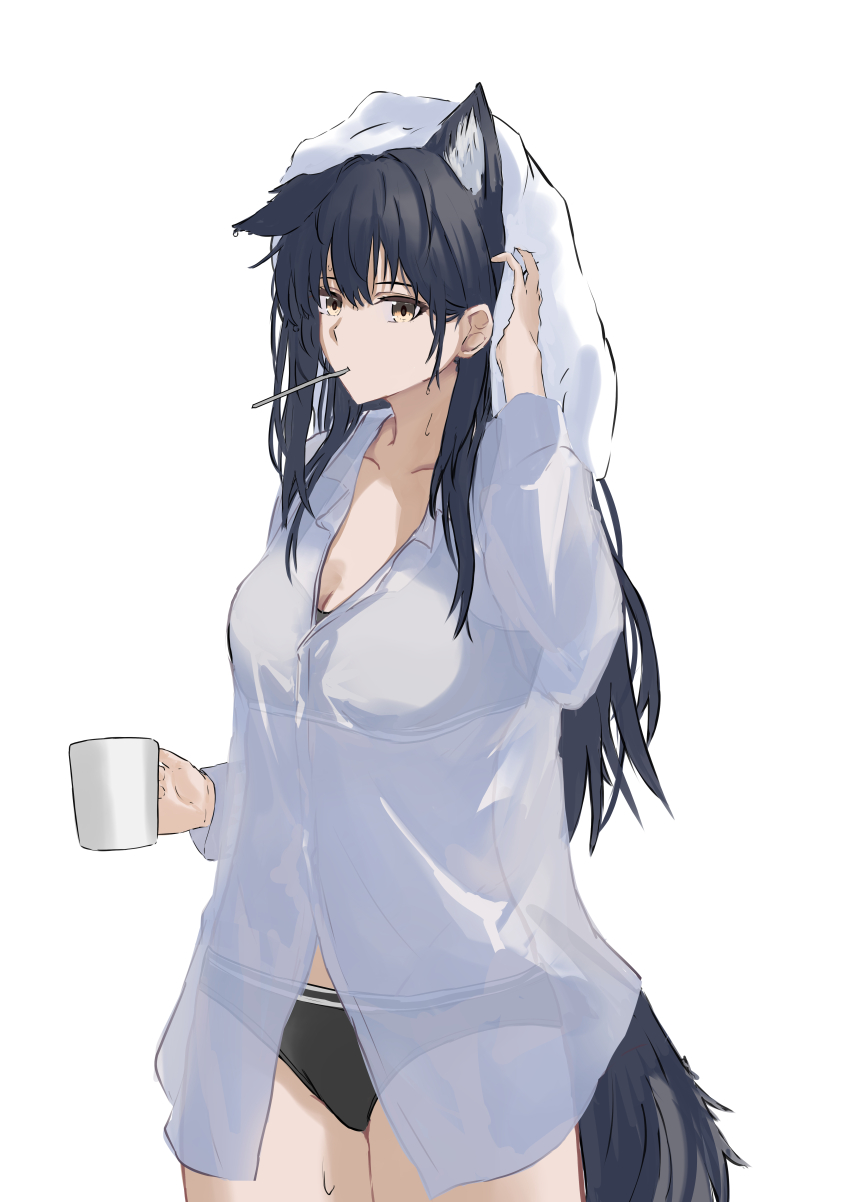 1girl, absurdres, animal_ears, arknights, black_hair, black_panties, black_tail, breasts