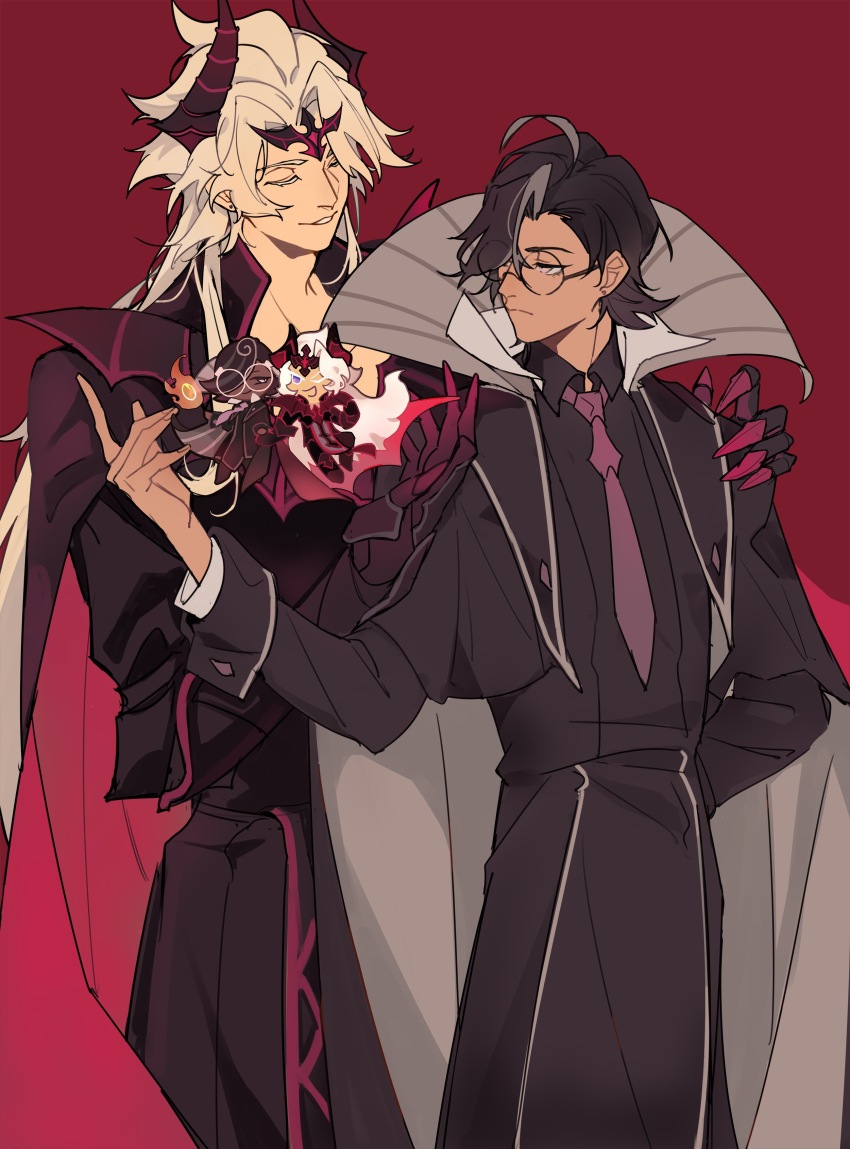 2boys, absurdres, black_cape, black_suit, brown_hair, cape, cookie_run, cookie_run:_kingdom