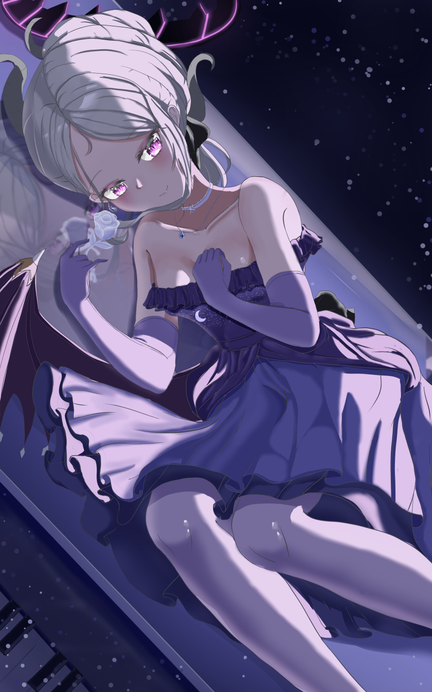 1girl, absurdres, adeka, black_horns, blue_archive, blue_flower, blue_rose, blush, bouquet, demon_horns, demon_wings, dress, elbow_gloves, flower, gloves, grand_piano, halo, highres, hina_(blue_archive), hina_(dress)_(blue_archive), holding, holding_bouquet, horns, instrument, jewelry, looking_at_viewer, multicolored_halo, multiple_horns, necklace, official_alternate_costume, official_alternate_hairstyle, on_piano, pantyhose, piano, piano_keys, purple_dress, purple_eyes, purple_gloves, purple_pantyhose, purple_wings, rose, solo, strapless, strapless_dress, two-tone_halo, white_flower, white_hair, white_rose, wings