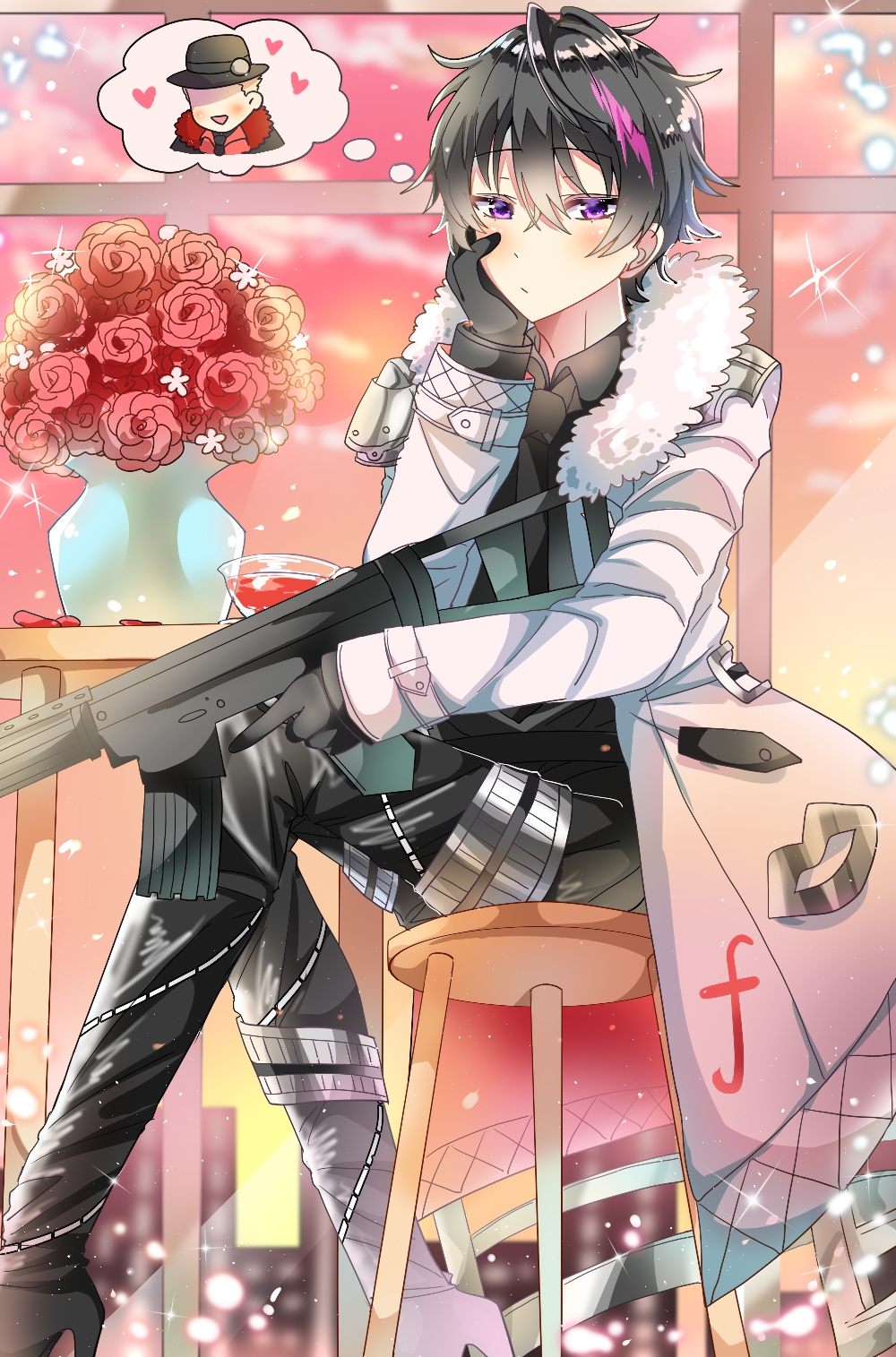 1boy, alcohol, antenna_hair, assault_rifle, belt, belt_buckle, black_gloves, black_hair