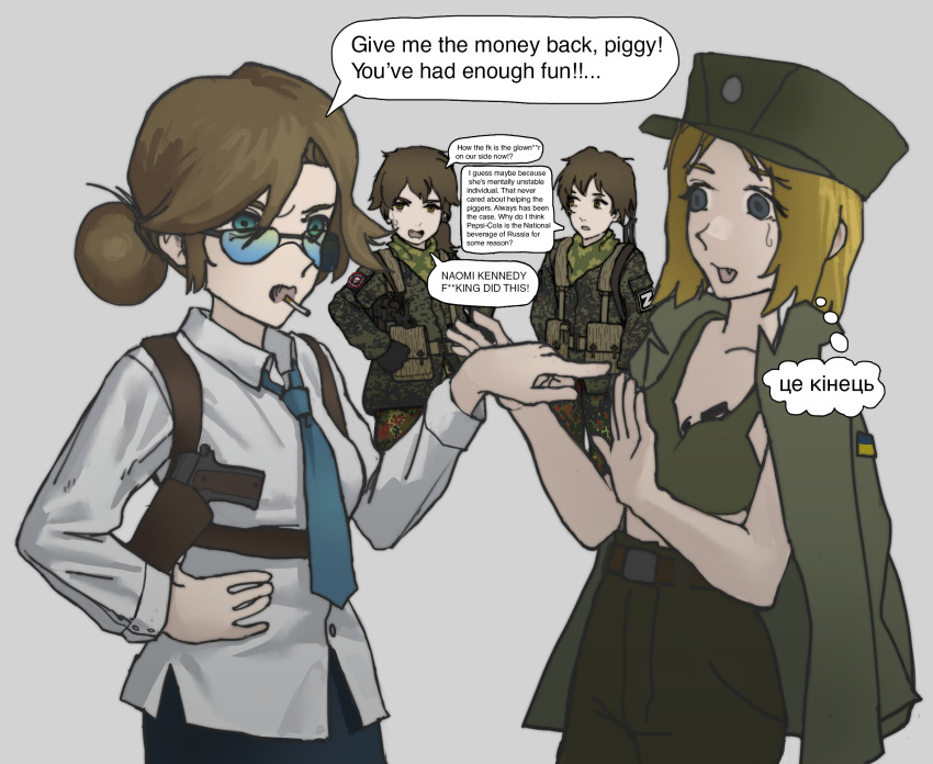 1boy, 3girls, ak-47, alternate_hair_color, alternate_hairstyle, angry, assault_rifle, azov_battalion