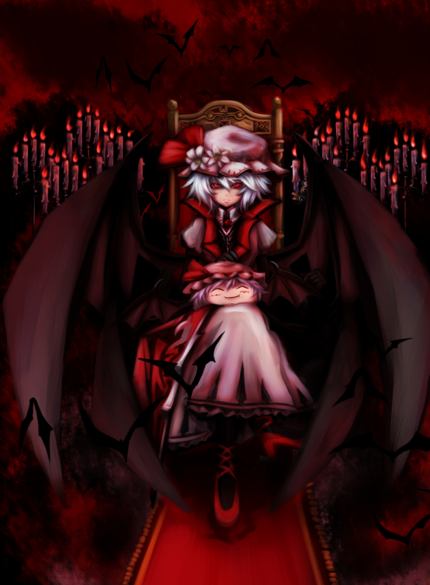 1girl, ^_^, absurdres, bat_(animal), bat_wings, candle, chair, closed_eyes