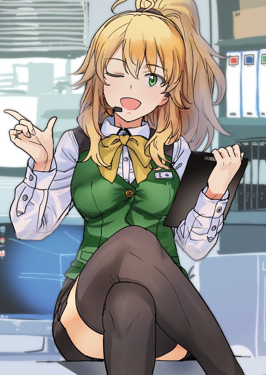 1girl, adobe, adobe_acrobat, ahoge, black_skirt, black_thighhighs, blonde_hair, bow, bowtie, breasts, clipboard, collared_shirt, commentary_request, computer, cosplay, crossed_legs, google_chrome, green_eyes, green_vest, hands_up, headset, high_ponytail, highres, holding, holding_clipboard, hoshii_miki, idolmaster, idolmaster_(classic), index_finger_raised, indoors, long_sleeves, looking_at_viewer, microsoft_windows, monitor, name_tag, office, office_lady, one_eye_closed, open_mouth, otonashi_kotori, otonashi_kotori_(cosplay), ponytail, shirt, sitting, skirt, solo, thighhighs, tsurui, vest, white_shirt, windows_10, yellow_bow, yellow_bowtie