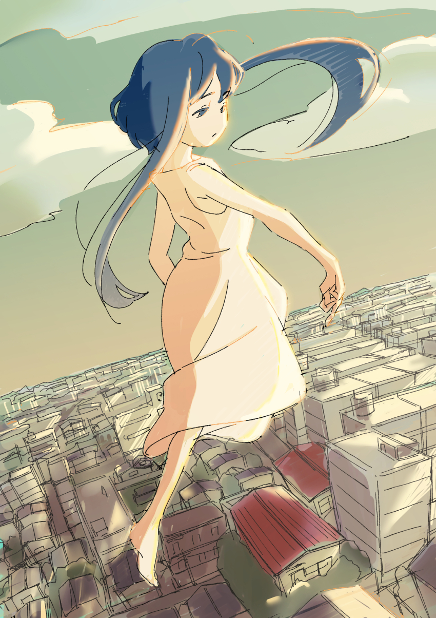 1girl, apartment, blue_eyes, blue_hair, building, city, cloud, dress