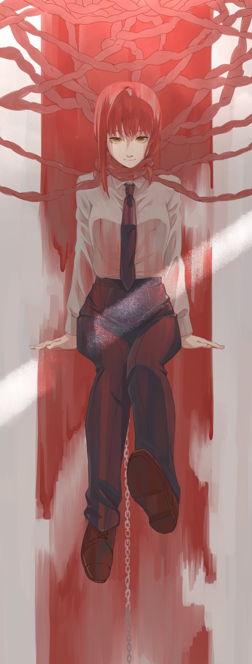 1girl, absurdres, black_pants, chainsaw_man, full_body, highres, long_sleeves, looking_at_viewer