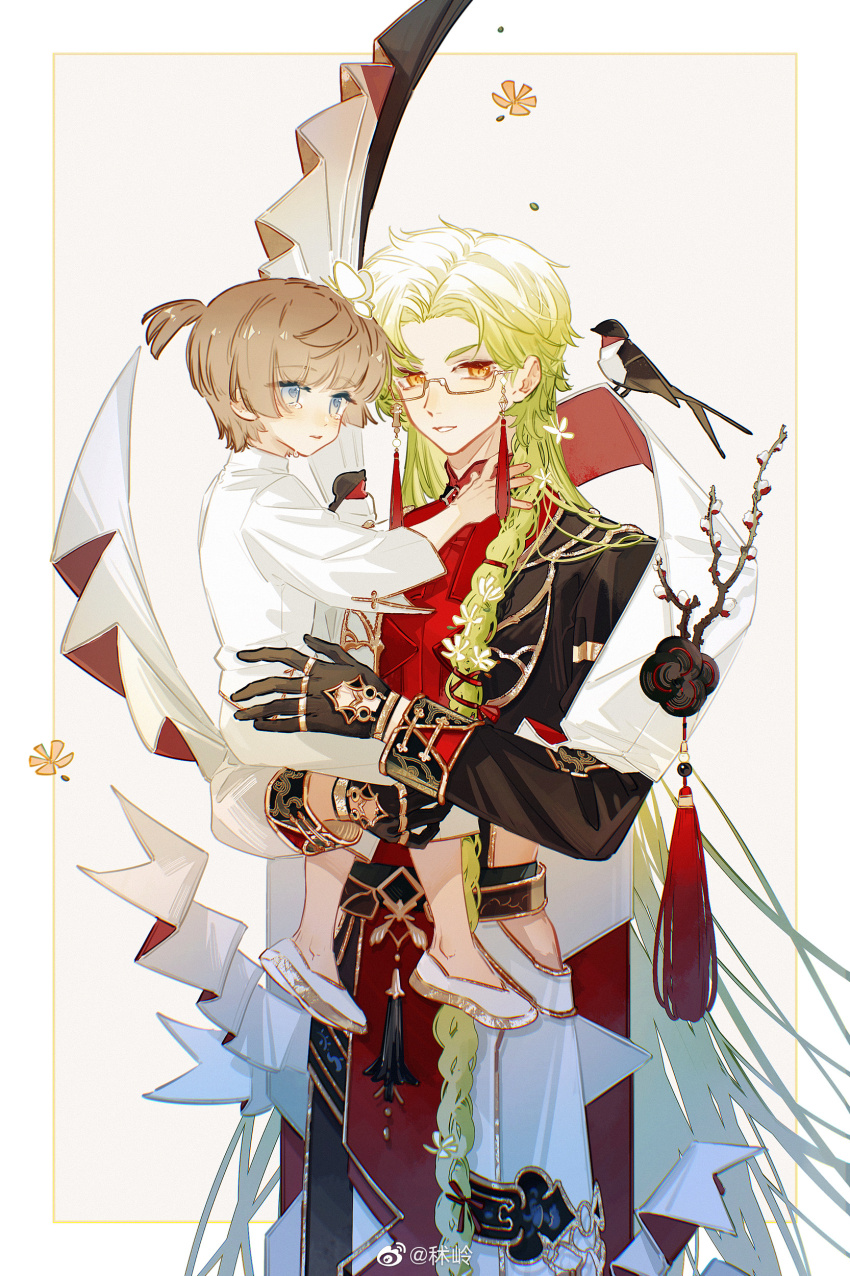 2boys, absurdres, age_difference, aged_down, animal, animal_on_shoulder, bird, bird_on_shoulder