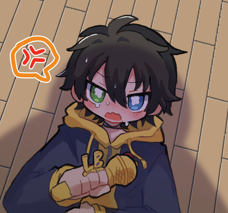 1boy, ahoge, anger_vein, black_hair, blue_eyes, blush, choker, deformed, dripping_eye, furrowed_brow, green_eyes, hair_between_eyes, heterochromia, holding, holding_microphone, hypnosis_mic, hypnosis_microphone, jacket_over_hoodie, male_focus, microphone, mole, mole_under_eye, mole_under_mouth, multiple_moles, ominous_shadow, on_ground, open_mouth, scared, short_hair, spoken_anger_vein, suke8364, sweat, upper_body, wavy_mouth, yamada_saburo