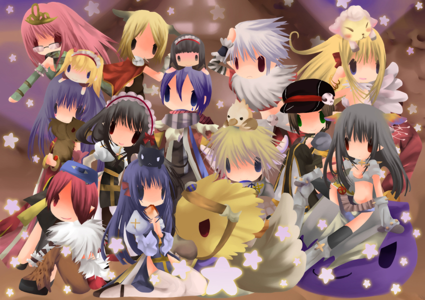 2000s_(style), 5boys, 6+girls, amistr_(ragnarok_online), animal, animal_around_neck, animal_on_head, animal_print