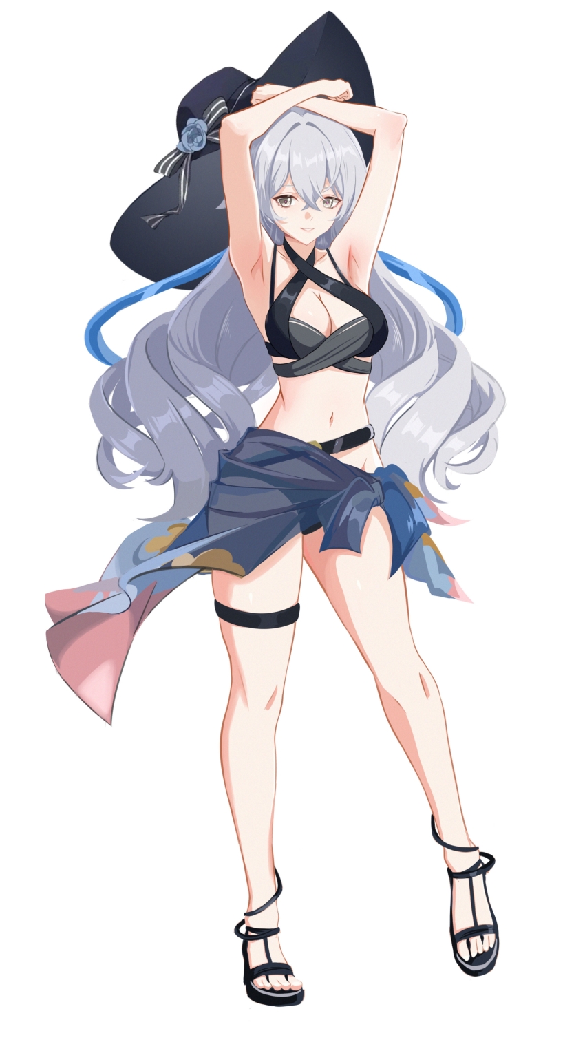 1girl, absurdres, armpits, arms_up, bikini, black_bikini, black_hat, black_sandals