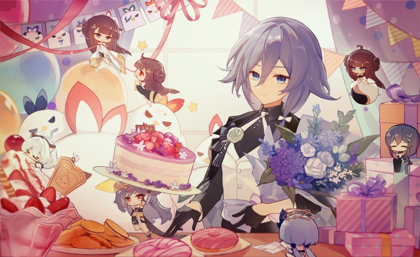 >_<, birthday, birthday_cake, black_gloves, black_shirt, blue_eyes, book_of_fuxi, bouquet