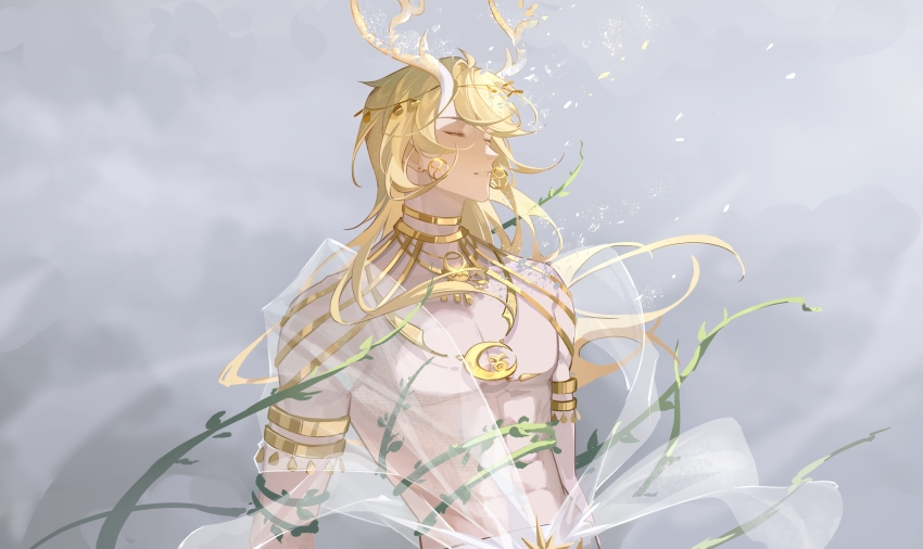 1boy, abs, absurdres, alkaid_mcgrath, alkaid_mcgrath_(spirit_world), antlers, armlet, blonde_hair