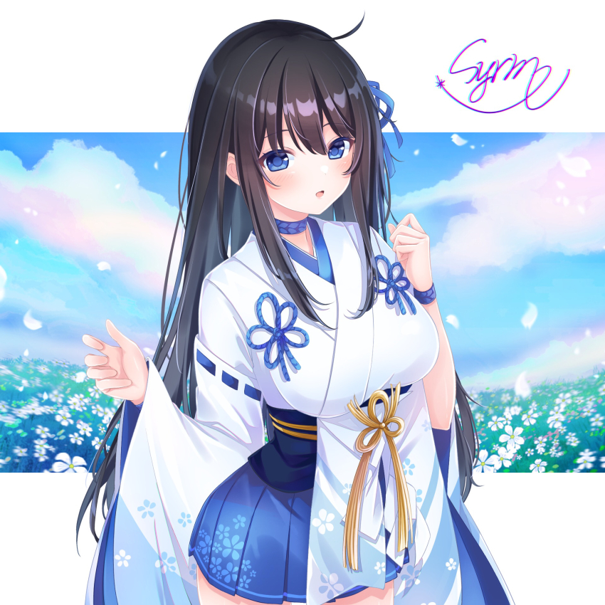 1girl, black_hair, blue_choker, blue_eyes, blue_ribbon, blue_skirt, blush, bracelet