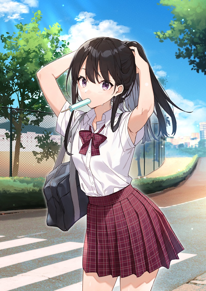 1girl, armpit_peek, armpits, arms_up, bag, black_hair, blue_sky, bow