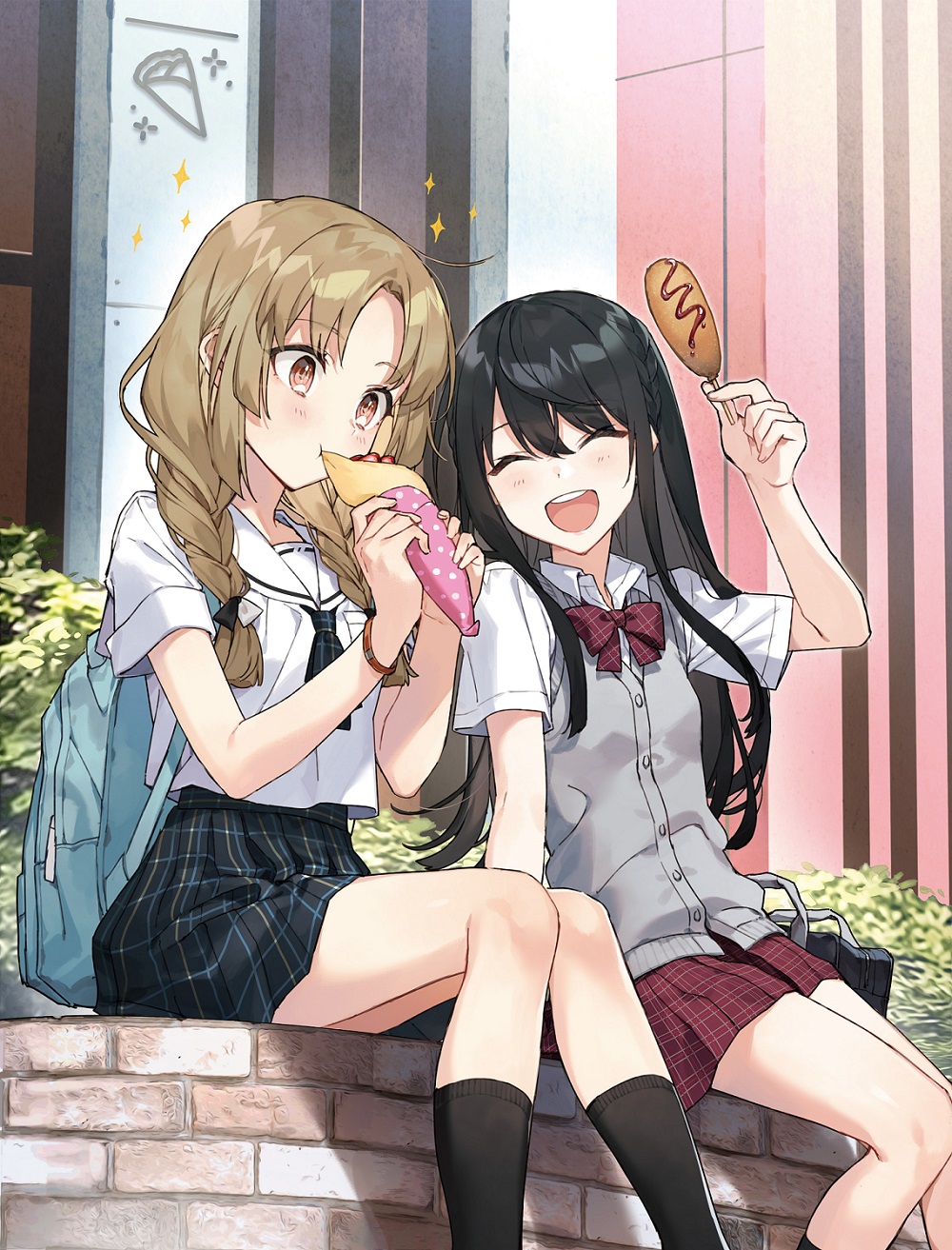 2girls, :d, backpack, bag, black_hair, bow, bowtie, braid