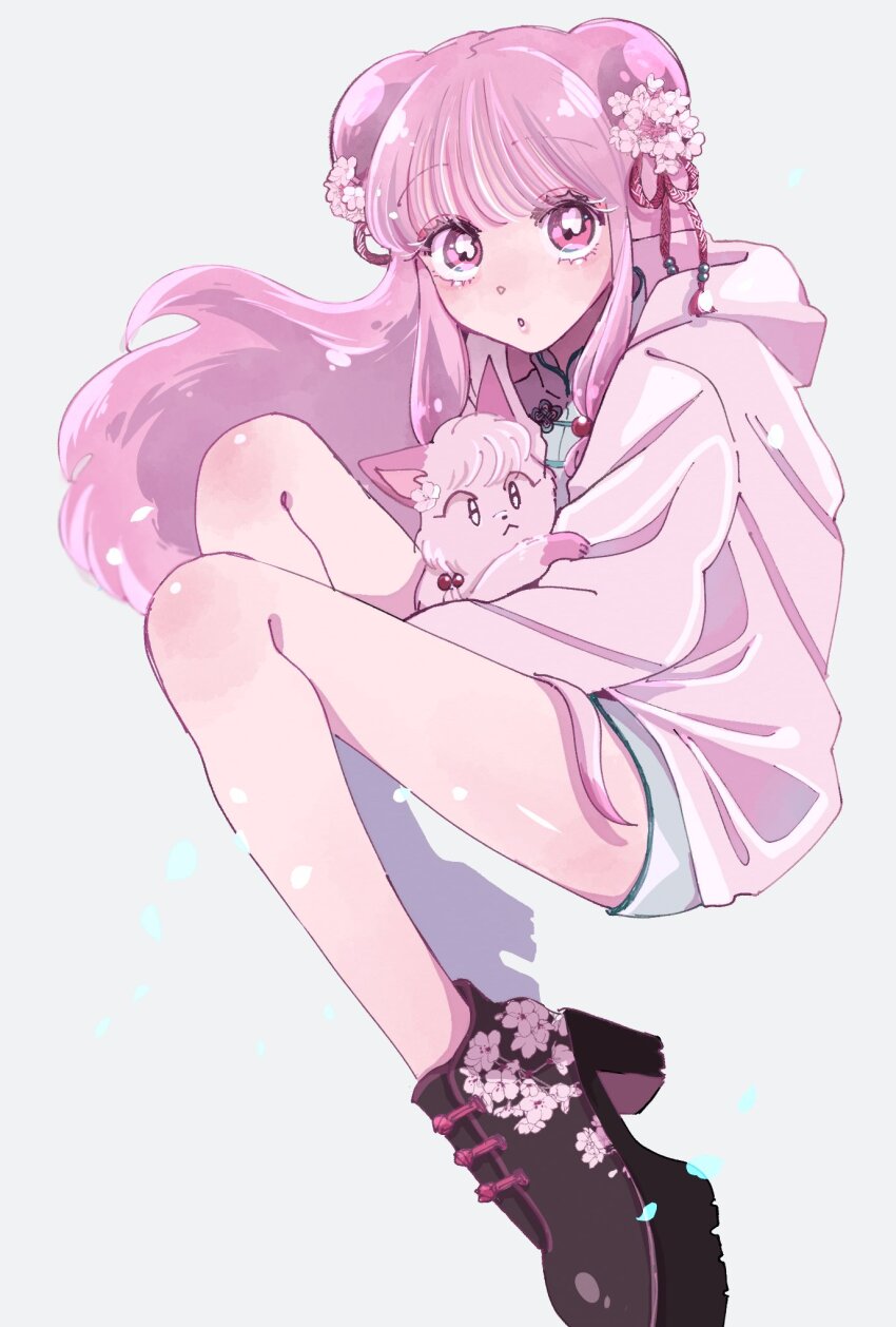 1girl, alternate_costume, alternate_hair_color, bell, cat, cocoa_681, flower, hair_bell