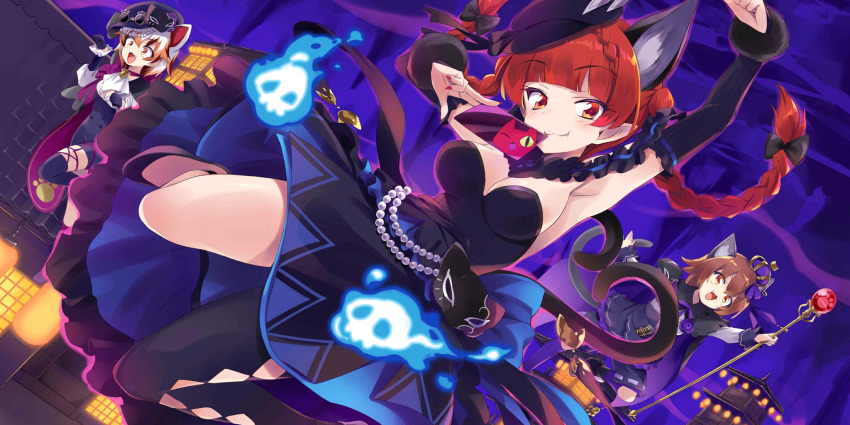 3girls, alternate_costume, animal_ear_fluff, animal_ears, armpits, bare_shoulders, black_bow, black_dress