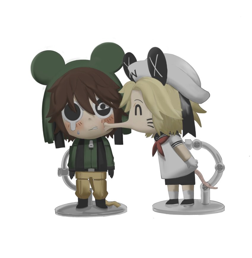 2boys, black_eyes, black_vest, blonde_hair, blush, brown_hair, coco_199788, facial_mark, green_jacket, highres, jacket, kinder_surprised_michael_jr., kiss, kissing_cheek, looking_at_viewer, male_focus, military_uniform, mouse_boy, mouse_hat, mouse_tail, multiple_boys, nendoroid, objectification, present_day_problem_takeuchi_robert, randal's_friends, sailor, short_hair, simple_background, standing, tail, teardrop, vest, whisker_markings, white_background, yaoi