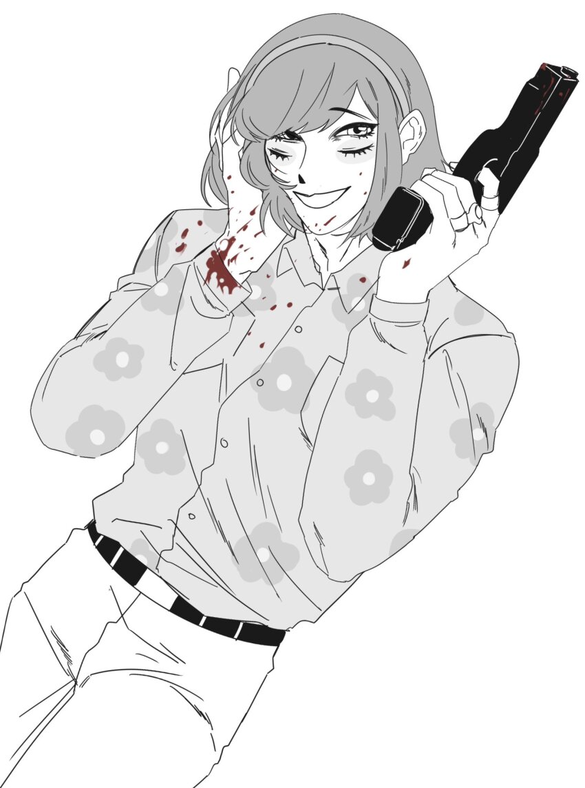 1boy, blood, blood_on_clothes, blood_on_face, blood_on_hands, coco_199788, cowboy_shot, extra_eyes, floral_print, grin, gun, hand_in_own_hair, handgun, highres, holding, holding_gun, holding_weapon, jewelry, looking_at_viewer, luther_von_ivory, male_focus, multiple_rings, randal's_friends, ring, shirt, shirt_tucked_in, short_hair, simple_background, smile, solo, spot_color, weapon, white_background