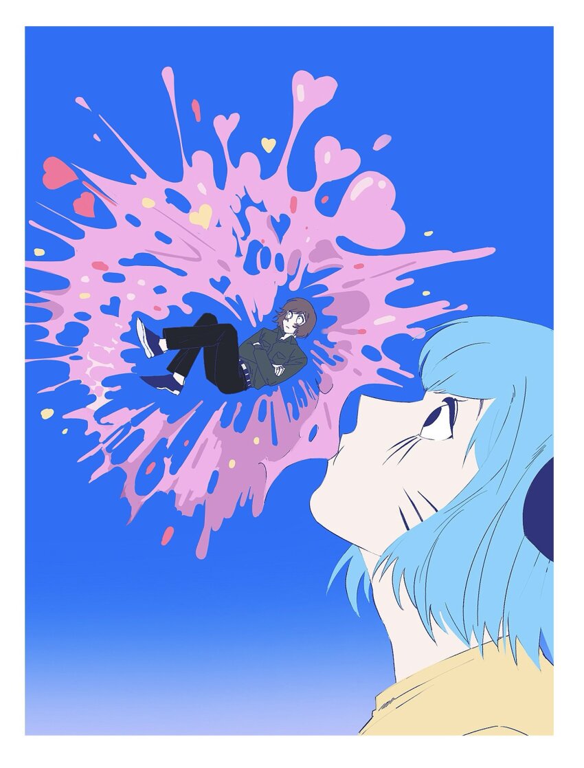 2boys, animal_ears, blowing_bubble_gum, blowing_bubbles, blue_background, blue_eyes, blue_hair, brown_hair, chewing_gum, coco_199788, crossed_arms, facial_mark, fake_animal_ears, gradient_background, green_shirt, heart, highres, looking_to_the_side, luther_von_ivory, male_focus, multiple_boys, nyon_(randal's_friends), popping, randal's_friends, shirt, short_hair, whisker_markings