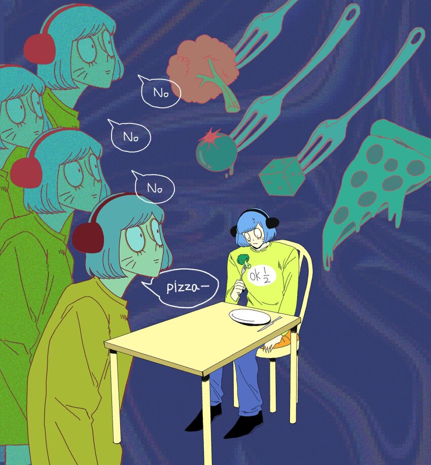 1boy, animal_ears, black_eyes, blue_background, blue_hair, broccoli, cherry_tomato, coco_199788