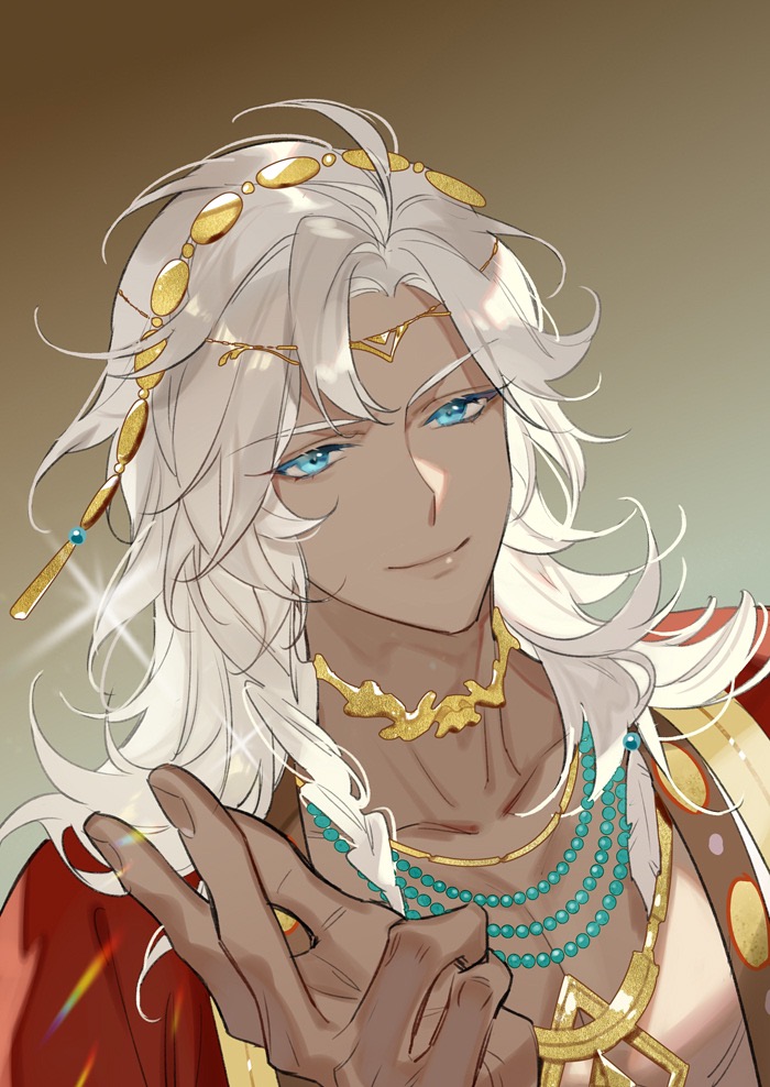 >:), 1boy, bead_necklace, beads, blue_eyes, brown_background, chinese_commentary, circlet