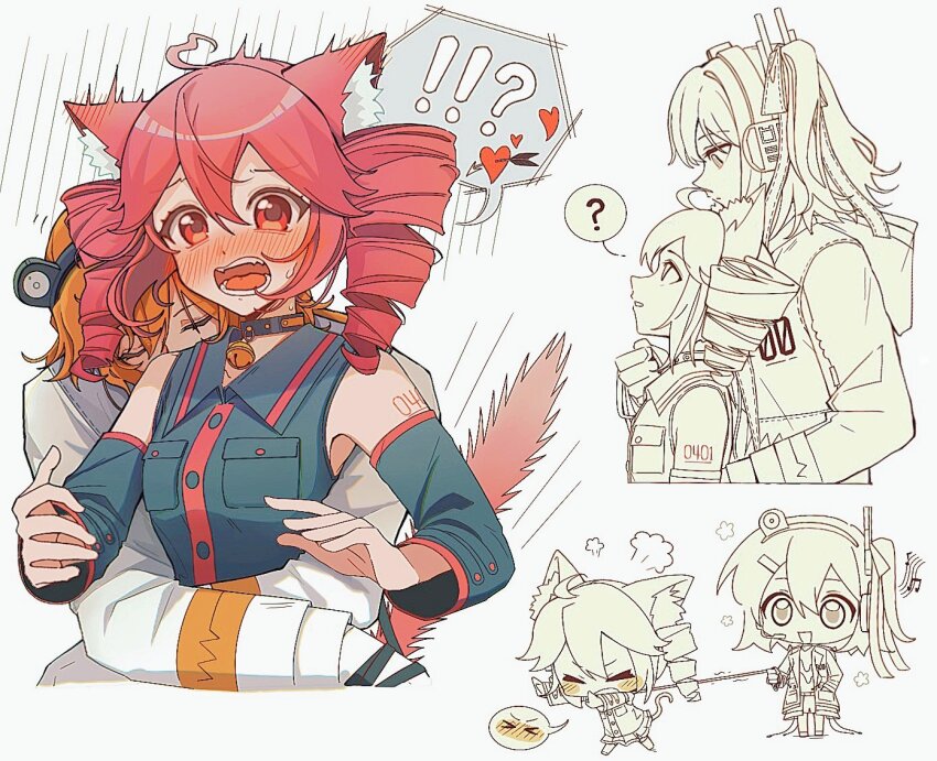 !?, 2girls, ?, a.i._voice, adachi_rei, animal_ear_fluff, arm_tattoo, arrow_through_heart