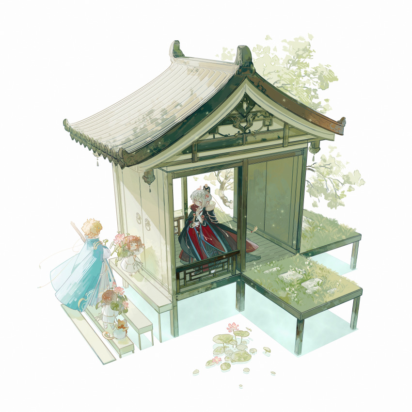 1girl, 3boys, age_difference, aged_down, architecture, arm_guards, black_cape, black_robe