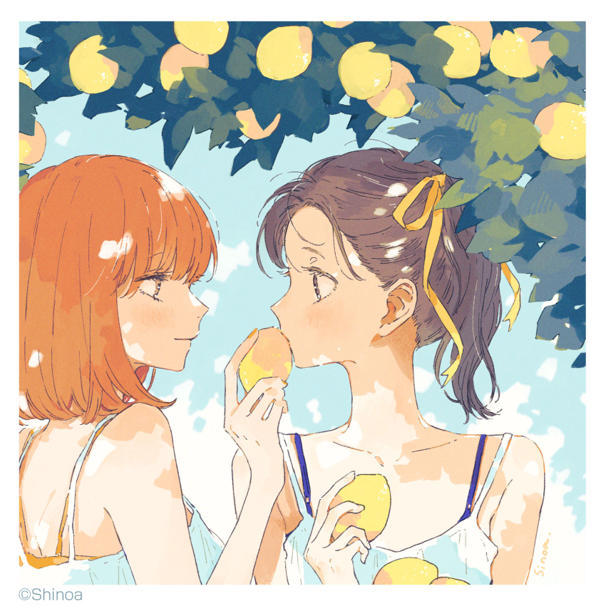 artist_name, bare_shoulders, black_hair, camisole, collarbone, eye_contact, food, fruit, hair_ribbon, highres, holding, holding_food, kakmxxxny06, kono_koi_wo_hoshi_ni_wa_negawanai, leaf, lemon, light_smile, looking_at_another, red_hair, ribbon, second-party_source, upper_body