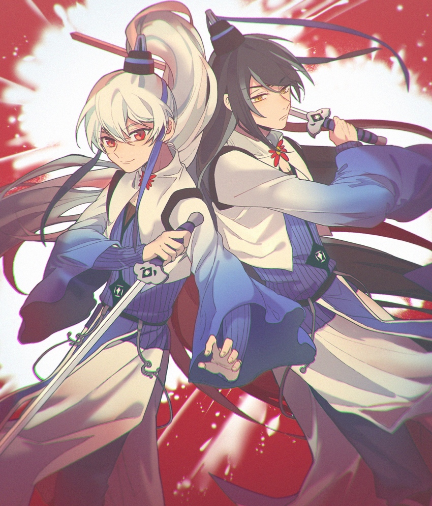 2boys, black_hair, chinese_clothes, closed_mouth, dongfang_xianyun, hand_fan, hat, high_ponytail, highres, holding, holding_sword, holding_weapon, long_hair, long_sleeves, looking_at_viewer, male_focus, multiple_boys, pants, ponytail, red_eyes, smile, sword, very_long_hair, weapon, white_hair, wide_sleeves, wo_jia_da_shixiong_naozi_you_keng, xi_yuu, yellow_eyes, yin_feixing