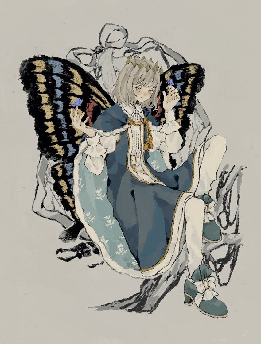 1boy, blue_cloak, blue_eyes, blue_shoes, branch, bug, butterfly_wings, cloak