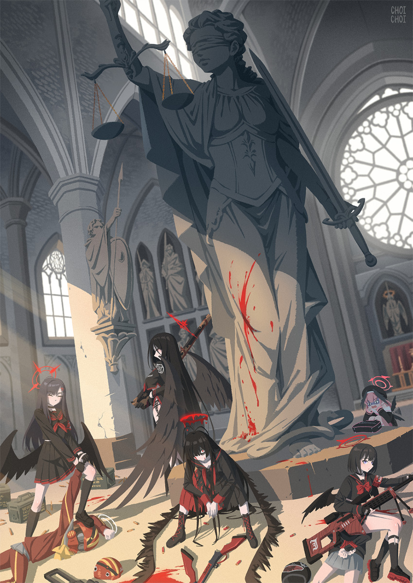 6+girls, black_hair, black_hat, black_sailor_collar, black_serafuku, black_shirt, black_shoes, black_skirt, black_socks, black_wings, blindfold, blood, blue_archive, feathered_wings, gun, hair_between_eyes, hasumi_(blue_archive), hat, head_wings, helmet_gang_officer_(blue_archive), highres, holding, holding_another's_arm, holding_gun, holding_scale, holding_sword, holding_weapon, ichika_(blue_archive), iohc_choi, koharu_(blue_archive), long_hair, mashiro_(blue_archive), medium_hair, multiple_girls, pink_hair, pink_skirt, rifle, sailor_collar, school_uniform, serafuku, shirt, shoes, sidelocks, skirt, sniper_rifle, socks, statue, stepped_on, sword, tsurugi_(blue_archive), weapon, white_sailor_collar, wings