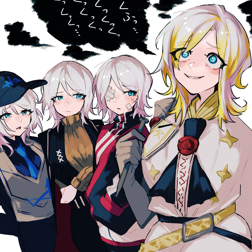 4girls, arms_behind_back, bandaid, bandaid_on_cheek, bandaid_on_face, baseball_cap, belt, belt_buckle