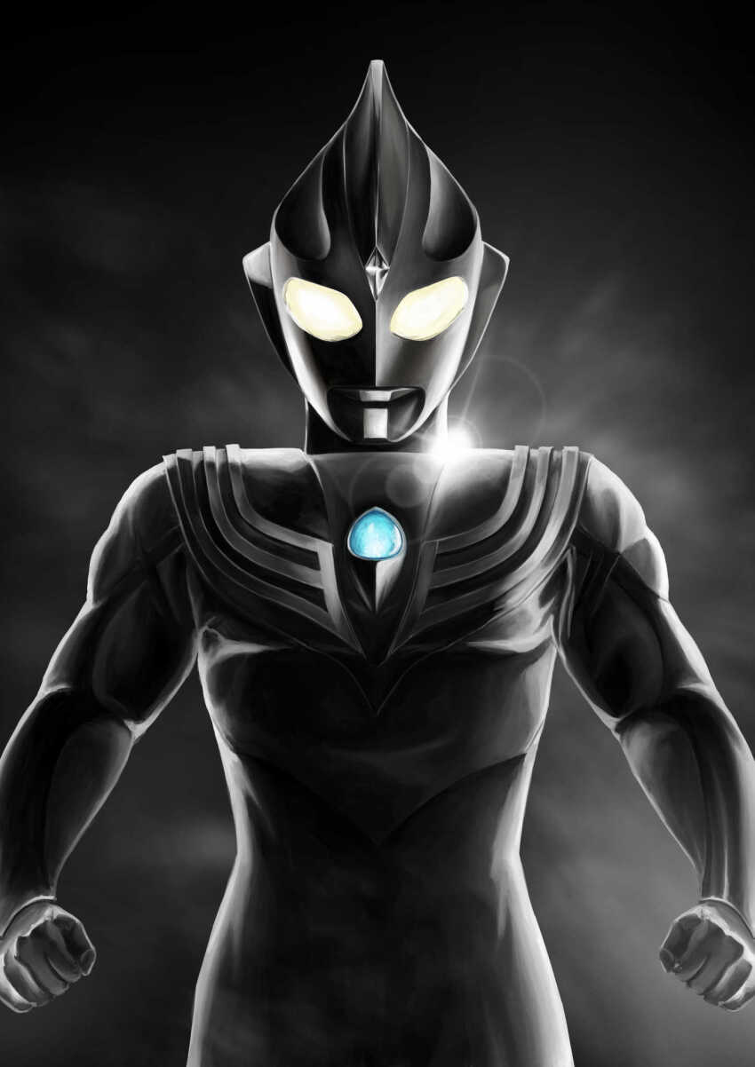 1boy, alien, armor, black_skin, breastplate, clenched_hands, color_timer, colored_skin