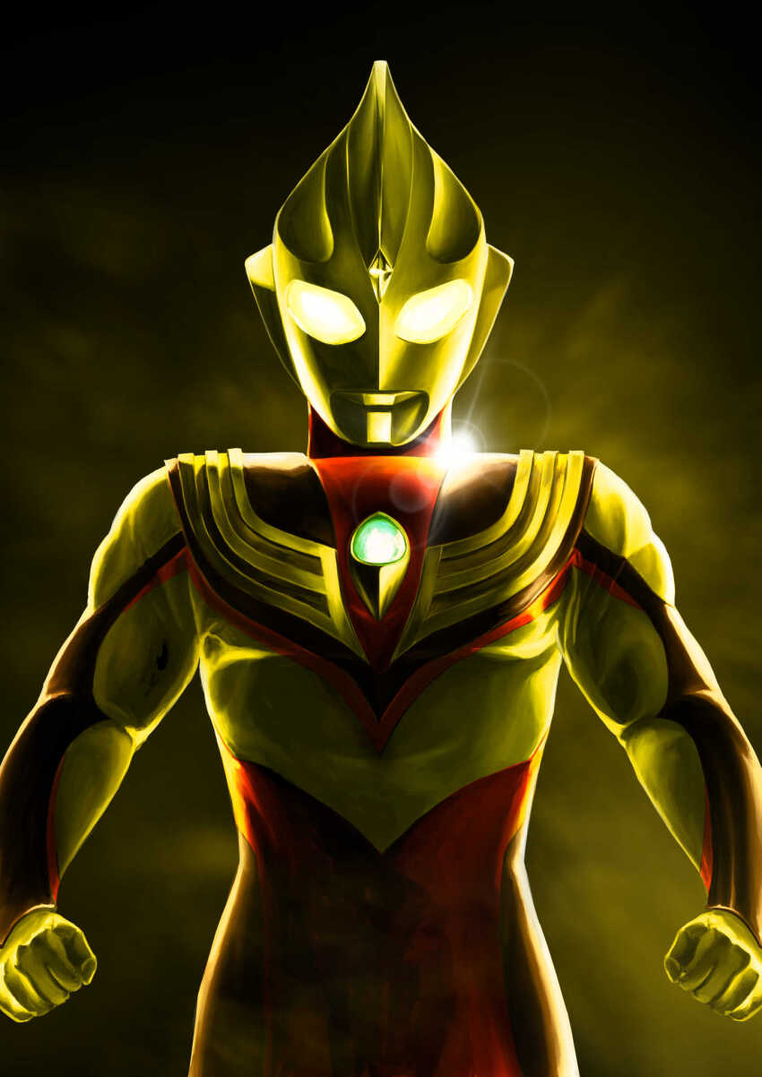 1boy, alien, armor, breastplate, clenched_hands, color_timer, colored_skin, commentary