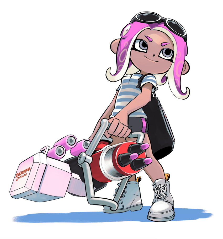 1girl, black_shorts, blue_shirt, boots, breasts, cross-laced_shoes, dark_skin, eyewear_on_head, gatling_gun, grey_eyes, gun, heavy_edit_splatling_(splatoon), highres, holding, holding_gun, holding_weapon, ink_tank_(splatoon), long_hair, looking_to_the_side, muramasa_mikado, nintendo, octoling, octoling_girl, octoling_player_character, octopus_girl, purple_hair, shirt, shoes, short_sleeves, shorts, small_breasts, smile, splatoon_(series), standing, striped_clothes, striped_shirt, suction_cups, sunglasses, sunglasses_on_head, tentacle_hair, weapon, white_background, white_boots
